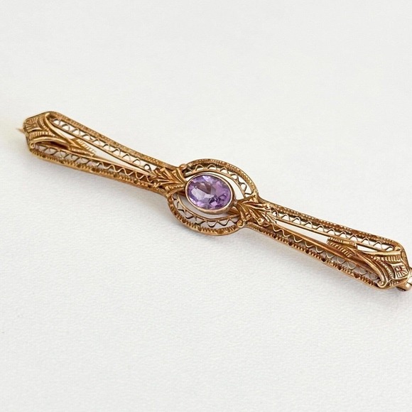 Antique 14K Solid Yellow Gold Intricate Design Detailed Amethyst Bar Brooch Pin - Picture 2 of 11